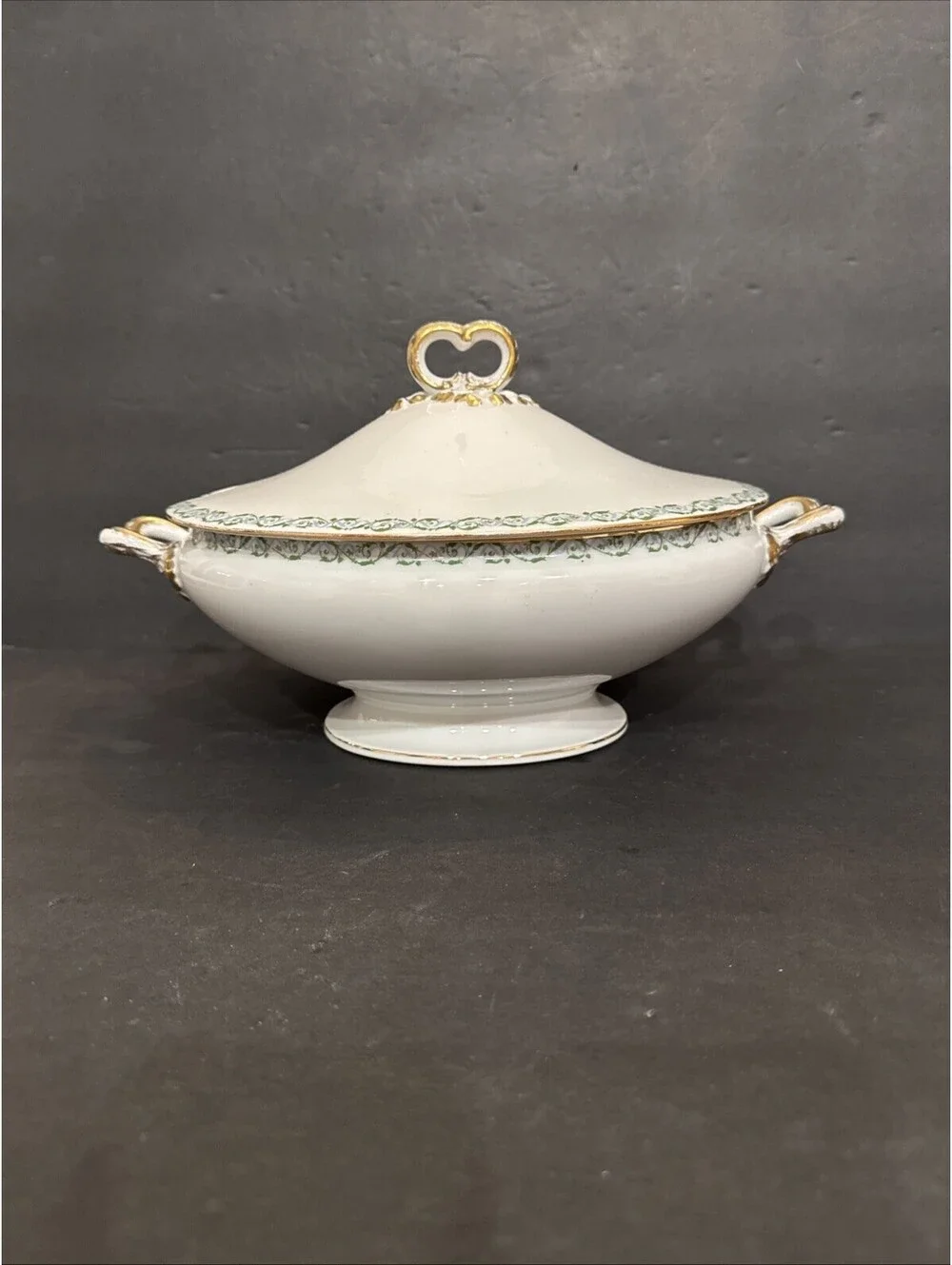 Wm Guerin & Co Limoges Covered Serving Bowl Tureen W Lid Green Blue  Swirl Gold